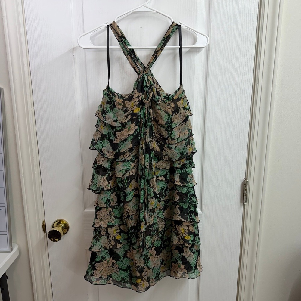 Diane von Furstenberg Women's floral tiered ruffle mini dress 100% silk tie 2